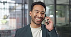 Businessman, negotiation or smile with phone call in office for online advice or consultation. Happy, man or sale representative talking with smartphone for company deal or communication in workplace