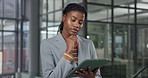 Tablet, idea and black woman in office for business, risk mitigation or reading insurance report. Thinking, broker and person in company with tech, problem solving or claims decision with policy