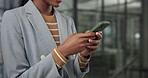 Cellphone, typing and hands of businesswoman in office with texting, email of finance networking. Technology, communication and financial manager with phone for feedback on investment proposal.