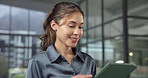 Tablet, smile or woman in enterprise for business, risk mitigation or reading insurance report. Happy, broker or person in office with tech, scroll coverage update or claims feedback with review