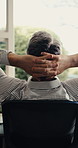 Businessman, home and relax with break on chair in office for free time, productive day or finished. Back view, man or freelancer stretching with window for business vision, ambition or rest in house