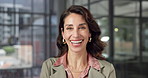 Pride, face or woman in office with smile, brand advisor or about us as campaign planner. Happy, space or mature marketing consultant with laugh, PR specialist or confidence in business advertisement
