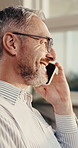 Finance, phone call and smile with business man in office for advice, consulting or feedback. Conversation, happy and investment with mature financial advisor at work for communication or update