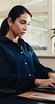 Woman, typing and remote work in apartment with laptop, draft financial statement or business report. Accountant, mature person and planning in house with computer, internal audit and finance admin.