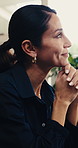 Woman, smile and thinking in home office with remote work, vision or inspiration for marketing idea. Happy, mature person or freelancer in house with smile, reflection or plan for future ad campaign.