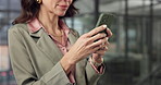 Phone, typing and hands of businesswoman in office with texting, email of finance networking. Technology, communication and financial manager with cellphone for feedback on investment proposal.