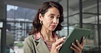 Tablet, review or woman in company for business, risk mitigation or reading insurance report. Research, broker or mature person in office with tech, scroll email or claims feedback with policy update