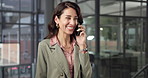 Business, discussion or happy woman with phone call in office for online advice or consultation. Female person, sale representative or talking with laugh on smartphone for deal, chat or negotiation