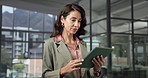 Tablet, research and woman in workplace for business, investment portfolio or reading report. Consultant, corporate or mature person with tech in office, private equity or scroll with financial email