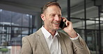 Business, phone call and man in office with smile, funding advice and networking in online chat. Happy, digital or mature finance advisor with tech, investment guide or discussion in client contact.