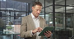 Tablet, research and man in workplace for business, investment portfolio or reading report. Consultant, corporate or mature person with tech in office, private equity or scroll with financial email