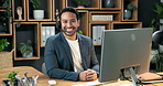 Happy man, face and headset at computer for contact us, customer support and company representative. Smile, agent and technology in office for telecommunication, online consultation or crm networking