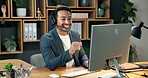 Computer, headset and man in office for sales, typing or lead generation with eco friendly offer. Tech, call center and happy person talk to contact for telemarketing, CSR or zero waste subscription