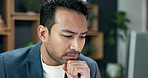 Planning, computer and businessman in office with research for finance report with revenue growth. Thinking, professional and financial manager with technology for investment proposal in workplace.