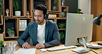 Headphones, computer and businessman in office with music, radio or album for finance project. Happy, audio tech and financial manager dancing to playlist for investment proposal in workplace.