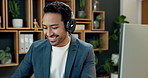 Headphones, dancing and businessman in office with music, radio or album for finance project. Happy, audio tech and financial manager with playlist for investment proposal on computer in workplace.
