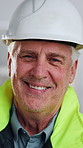 Laugh, face and mature man with helmet for renovation, construction project and remodeling. Happy, portrait and person with ppe, safety and compliance for engineering, building and architecture