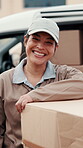 Logistics, box or happy woman at van with face, dispatch profession or pride as delivery worker. Confidence, portrait or courier outdoor with laugh, freight distribution or about us in supply chain.