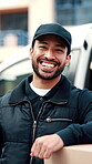 Logistics, package or happy man at van with face, dispatch profession or pride as delivery worker. Confidence, ambition or courier outdoor with laugh, freight distribution or about us in supply chain