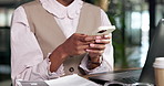 Employee, online and hands with phone in office, financial advisor or communication on social media. Wealth manager, texting and person with mobile, chatting and typing message with tech in business