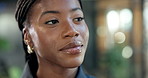 Creative, thinking and black woman in office with plan, contemplation and inspiration for marketing. Female person, reflection and daydream in workplace with advertising strategy, vision or idea