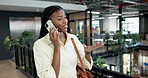 Walking, office and woman with phone call in hallway for talking, conversation and client update. Happy, greeting and business person on cellphone for communication, discussion and feedback in lobby