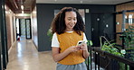 Walking, office and business woman with phone for planning day, social networking and email notification. Happy, creative agency and person on cellphone for work schedule, online project and research