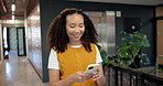 Walking, office and business woman with phone for planning day, networking and email notification. Happy, creative agency and person greeting with cellphone for schedule, online project and research