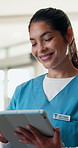 Nurse, research and happy woman with tablet in hospital for medical appointment, schedule or app. Female person, doctor or smile with technology for online report, health checklist or plan in clinic