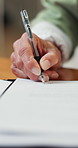 Senior, person or hands signing with document for legal agreement, pension or retirement plan. Closeup, elderly or pensioner with paperwork or contract for signature, confirmation or insurance policy