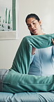 Clinic, woman and leg stretch for physio, muscle tension relief or functional screening for hip. Rehabilitation, worker and client with knee bend assistance, physical therapy and mobility assessment