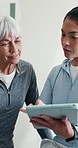 Physiotherapy, tablet and woman with senior patient for consulting, health report and results in clinic. Healthcare, talking and people on tech for physical therapy, wellness and medical service