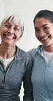 Face, caregiver and old woman at house with smile, support and medical assistance on retirement. Portrait, nurse or senior person in home with embrace, assisted living or happy for healthcare service