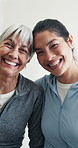 Face, caregiver and happy at house with old woman, support and medical assistance on retirement. Portrait, nurse or senior person in home with embrace, assisted living or smile for healthcare service