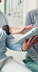 Healthcare, tablet and hands of woman with patient for consulting, health report and results in clinic. Hospital, talking and people on tech for checkup, wellness and medical service for appointment