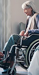 Woman, nurse and senior patient in wheelchair for help, elderly care or trust in old age home. Medical professional, caregiver and person with a disability for consulting, health advice or support