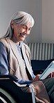 Tablet, happy and senior woman in wheelchair for research, communication or reading blog on app. Digital technology, relax and elderly person with disability in home with online article in bedroom.