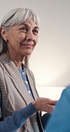 Pills, water and senior woman with nurse with prescription, medicine and dose for recovery. Healthcare, home and elderly person with medication, antibiotics and drugs for healing and wellness