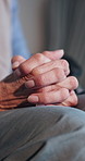 Hands, thinking and senior person in home with reflection, thoughts and memory loss for dementia. Retirement, house and elderly woman with wondering, remember and idea for pension, wellness or health