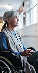 Nursing home, thinking and senior woman in wheelchair with nostalgia, memory loss and dementia. Window, retirement and elderly person with disability for thoughtful, remember and worry for Alzheimers