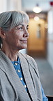 Nursing home, thinking and senior woman in wheelchair with nostalgia, memory and happy in hallway. Window, retirement and elderly person with disability for thoughtful, remember and assisted living