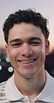 Happy, professional and face of businessman in city with confidence for career in web development. Smile, overtime and portrait of software engineer with pride for about us or job opportunity in town
