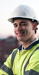 Face, man and smile outdoor for construction, urban development and civil engineering expertise. Engineer, happy worker and confidence for city expansion project, infrastructure professional or pride