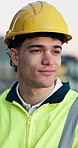 Construction, man or thinking outdoor for vision, urban development or view for expansion project. Architect, happy worker or reflection for city planning, infrastructure evaluation or building ideas