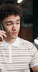 Creative agency, man and phone call in office with chat, planning campaign or social media management. Communication, person and research with tech, digital marketing and project for brand awareness