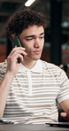 Creative agency, man and phone call in office with laptop, campaign plan or social media management. Communication, person and research with tech, digital marketing and project for brand awareness