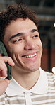 Creative agency, man and phone call in office with smile, planning campaign or social media management. Communication, person and happy with tech, digital marketing and project for brand awareness