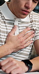 Businessman, hands and chest pain for viral infection, discomfort or chronic condition in office. Sick, male person or illness with asthma attack, sinus or cardiac arrest for pressure in workplace