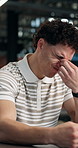 Businessman, glasses and stress with eye strain in office for overworked pressure or deadline. Frustrated, man or employee with headache or migraine for difficult project or overtime in workplace