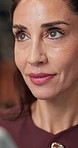 Thinking, happy and business woman on tablet for project management, digital marketing and website. Creative, agency and person on tech for planning, advert campaign and research for brand promotion